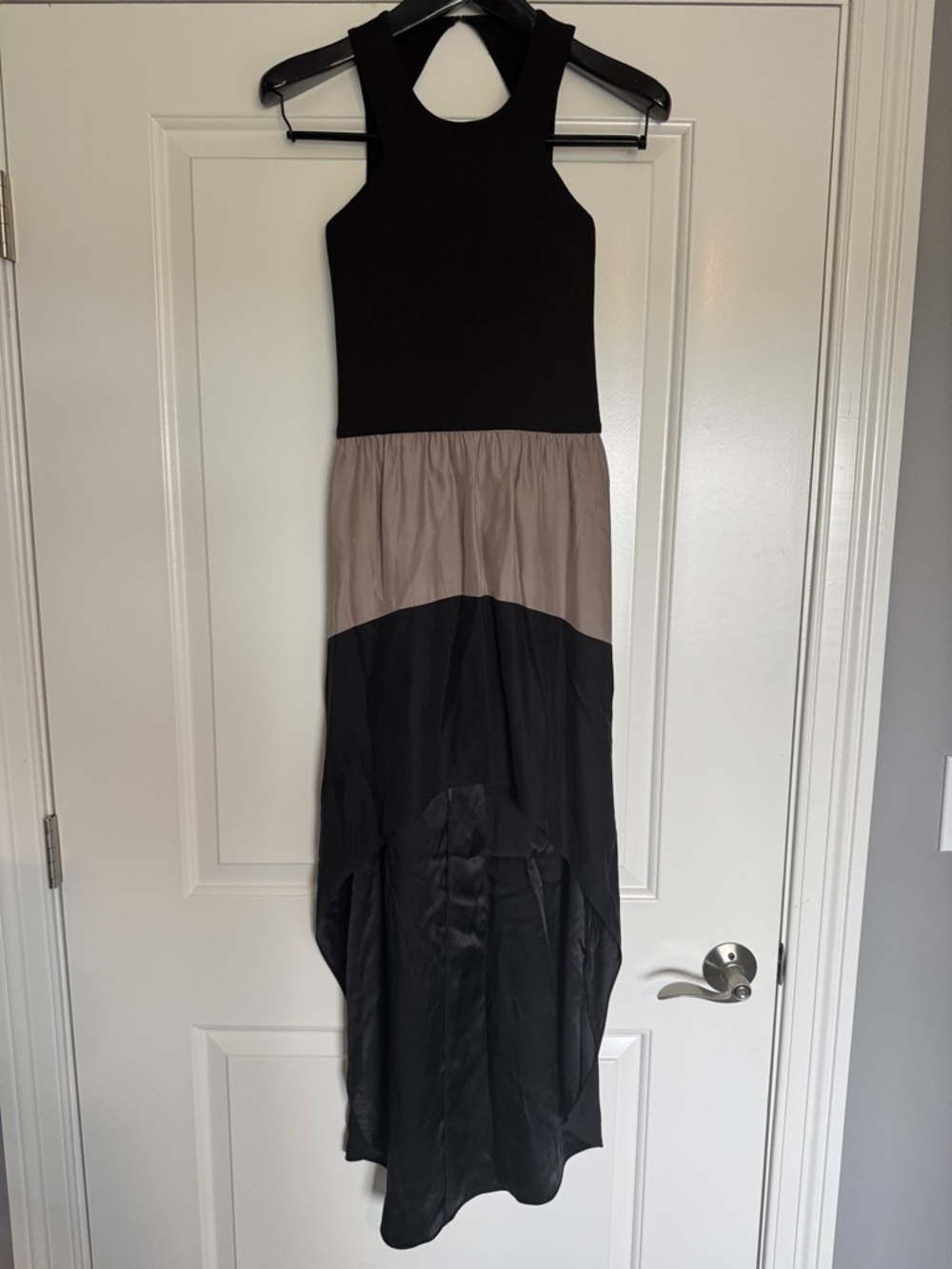 Sleeveless Colorblock high Low Dress in Black and Taupe